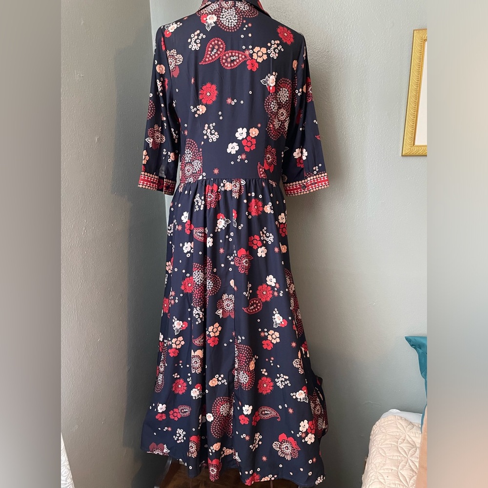 eshakti Navy Blue Floral Midi Dress with Red and White Prints - Picture 9 of 10
